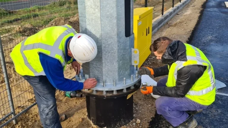 Twee monteurs zetten een verzinkte lichtmast vast op de fundering met ankerbouten