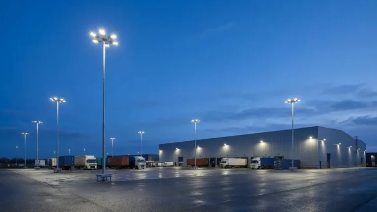 Lichtmasten met LED mastverlichting op het buitenterrein van een distributiecentrum bij schemering