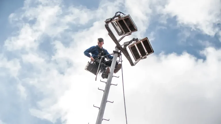 Monteur van OVI Group bovenin een lichtmast bij de LED armaturen tijdens onderhoud